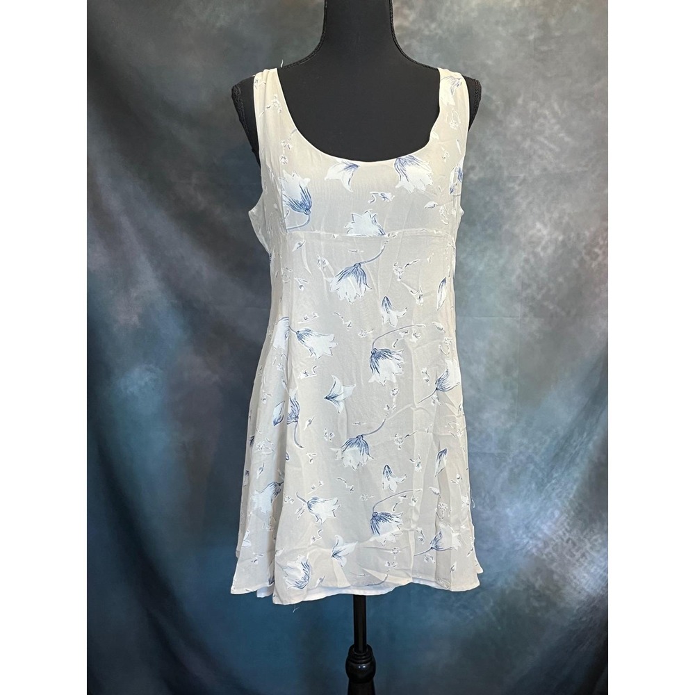 The Limited Vtg 90s Floral Print Silk Sheath Dress Beige Blue Scoop Neck Size 14